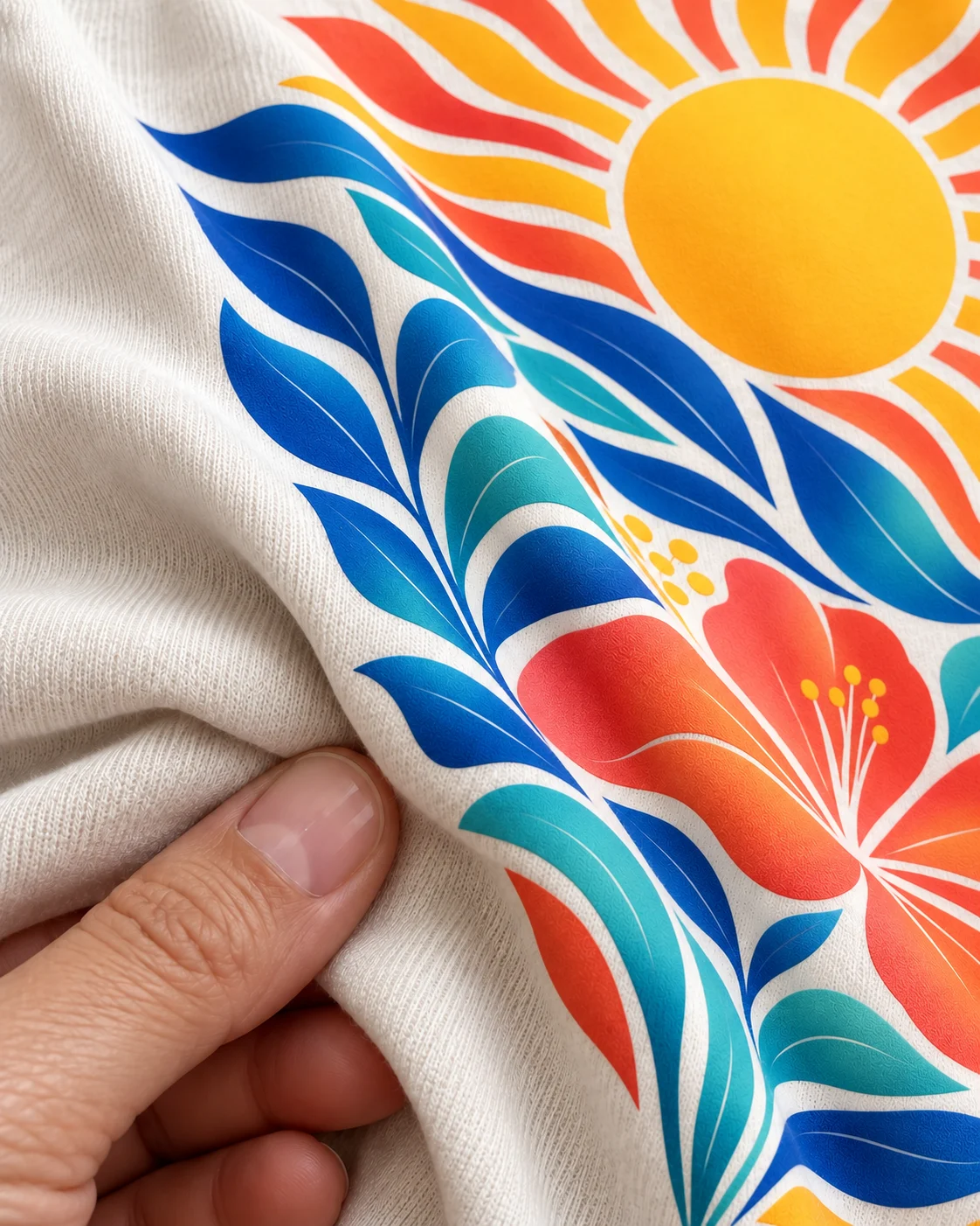 Macro of a vibrant full-color DTF transfer on cotton, gently flexed by hand to show its thin, soft matte finish